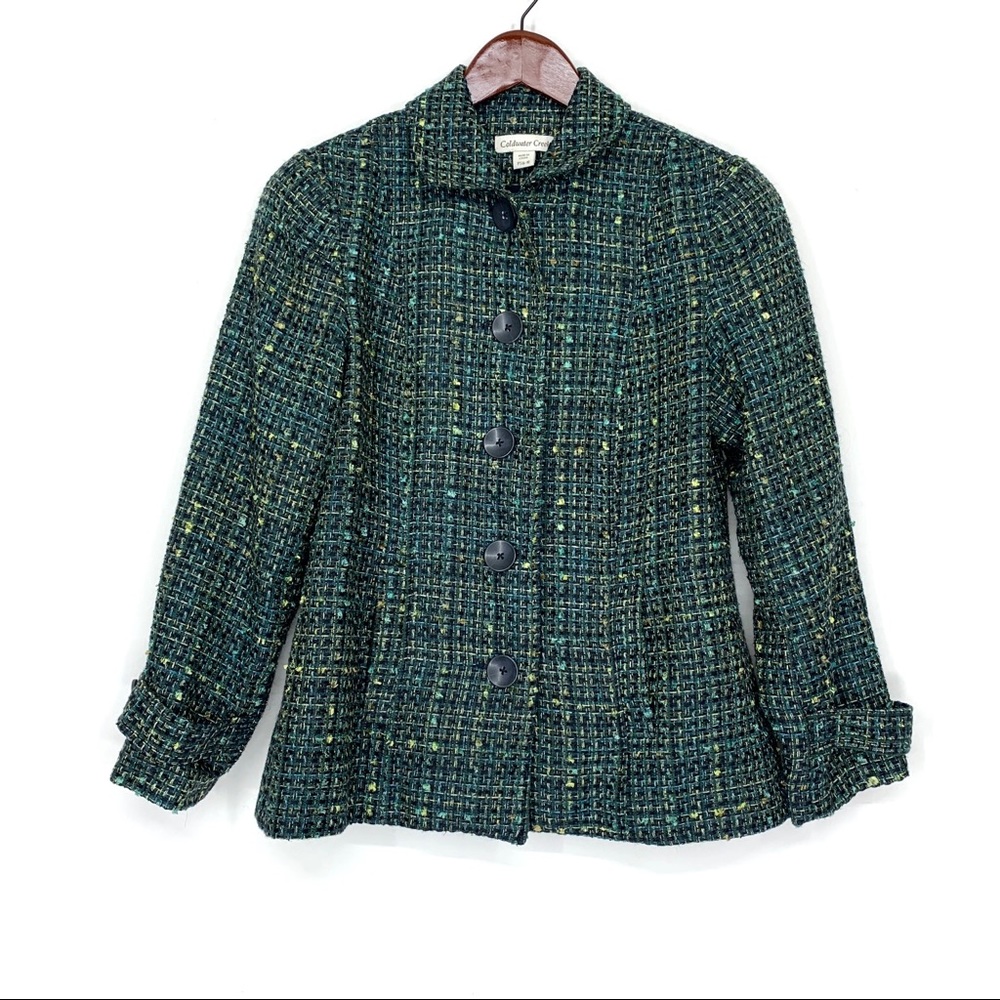Coldwater Creek Green Yellow Teal Tweed Button Down Blazer Jacket Petite